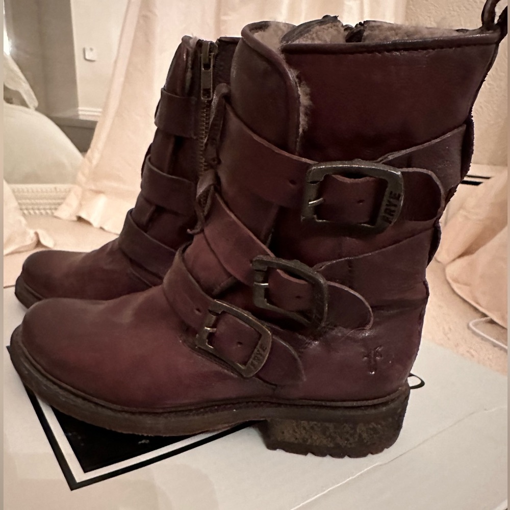 Frye Valerie Shearling Strappy moto boot
